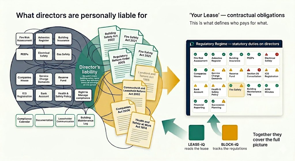 Infographic showing 21 statutory obligations across 7 Acts of Parliament that directors are personally liable for, and how BLOCK-iQ organises them into one compliance dashboard