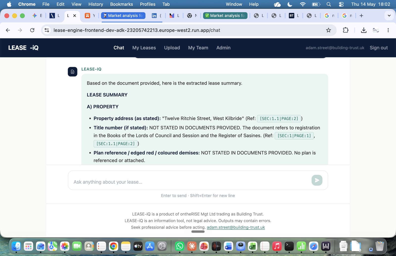 A screenshot of the LEASE-iQ Commercial chat interface, returning a clause-cited extraction of the 1963 Scottish lease. The output shows the property address with a [SEC:1.1|PAGE:2] citation tag, title number, and plan reference, with bullet-point structure.