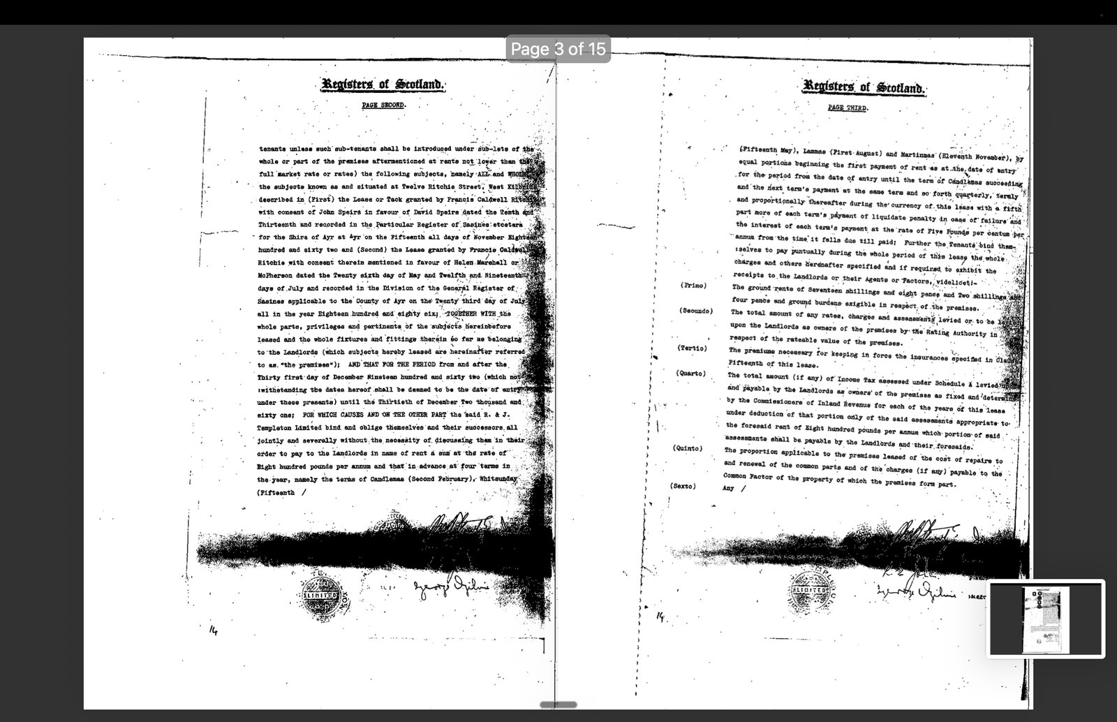 A photocopy of the 1963 Scottish commercial lease at Twelve Ritchie Street, West Kilbride, scanned from the Registers of Scotland. Two pages of typewritten text with heavy black smudging, Latin clause numbering (Primo, Secundo, Tertio), hand-stamps and signatures.
