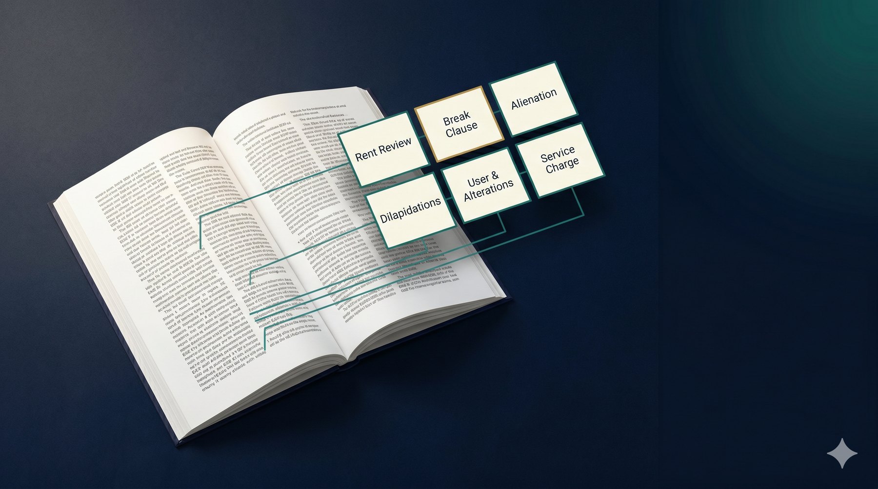 A commercial lease open on a desk, being read by LEASE-iQ Commercial. Six clause categories float as labelled cards above the lease, with Break Clause highlighted, suggesting the clause currently being read.