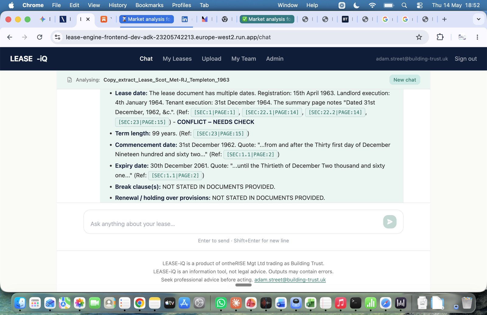 Screenshot of LEASE-iQ Commercial's output for the 1963 Scottish lease showing a CONFLICT - NEEDS CHECK flag against the Lease date field, listing four candidate dates (Registration 15th April 1963, Landlord execution 4th January 1964, Tenant execution 31st December 1964, summary page Dated 31st December 1962) each with a clickable SEC and PAGE citation tag.
