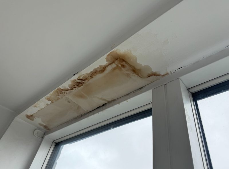 Water damage at Hafer Road. Stained ceiling above a window frame from the roof leak that started everything.